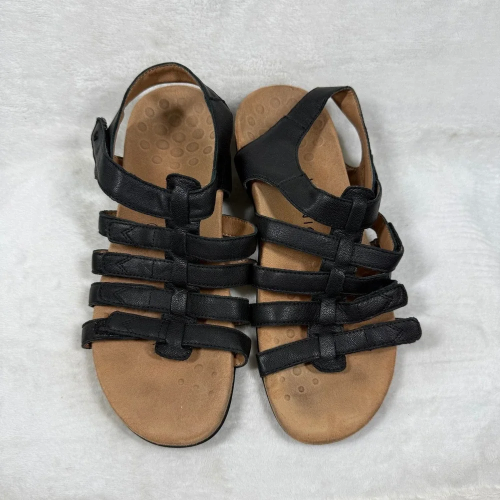 Vionic Amber Black Leather Adjustable Strappy Orthaheel Comfort Sandals Womens 9